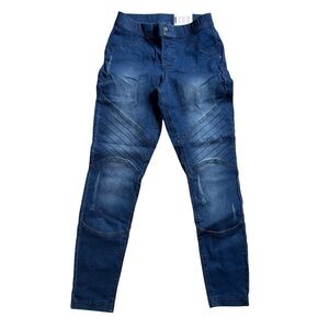 NWT HUE Distressed Medium Wash Moto Skimmer Skinny Pull On Jeans Size Small